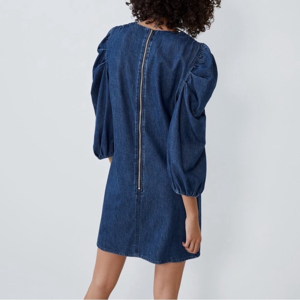 NWTS Zara Denim Mini Dress w/3/4 puff sleeves & back sliver zipper Size Large - Picture 6 of 16